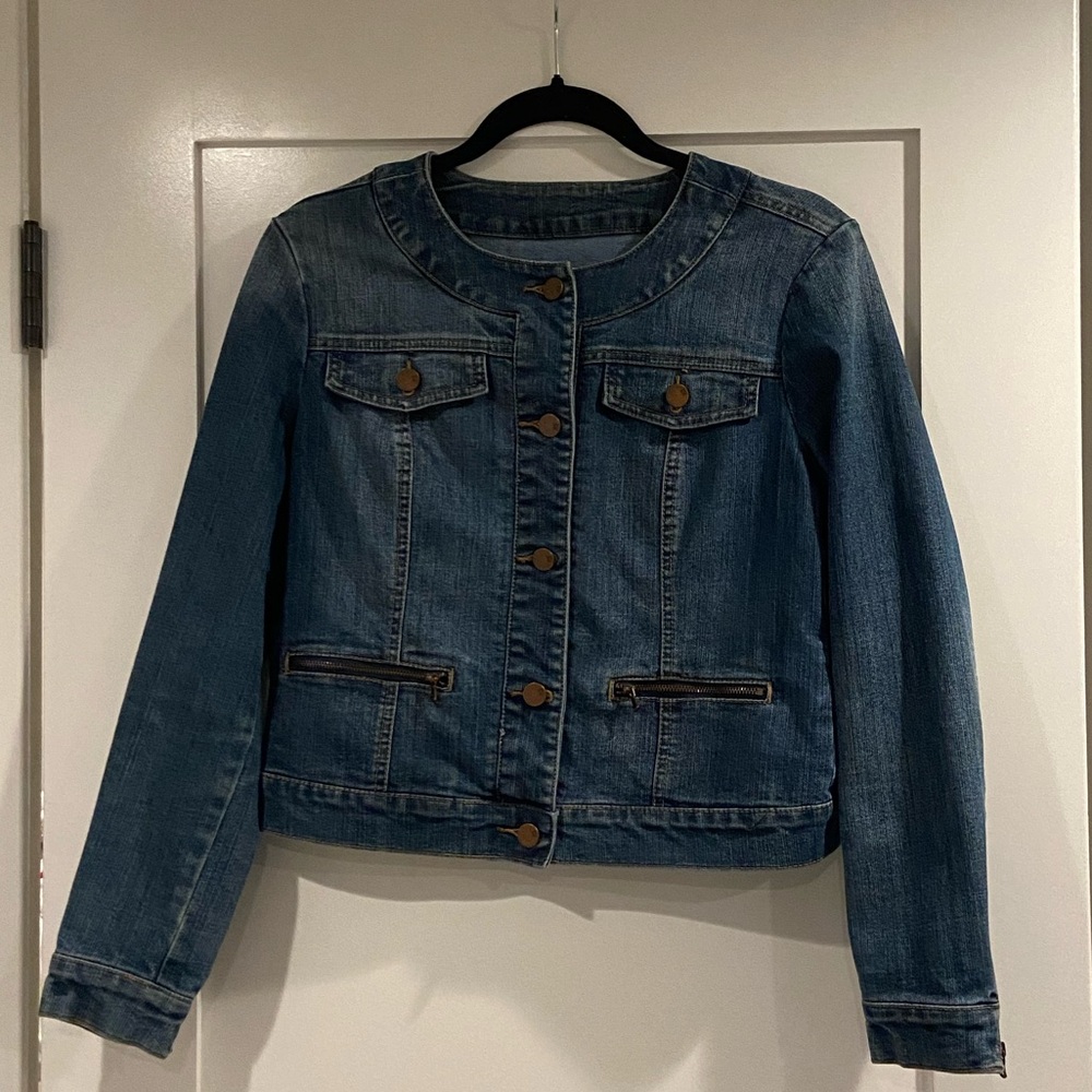 New York and company fitted cropped denim moto jacket